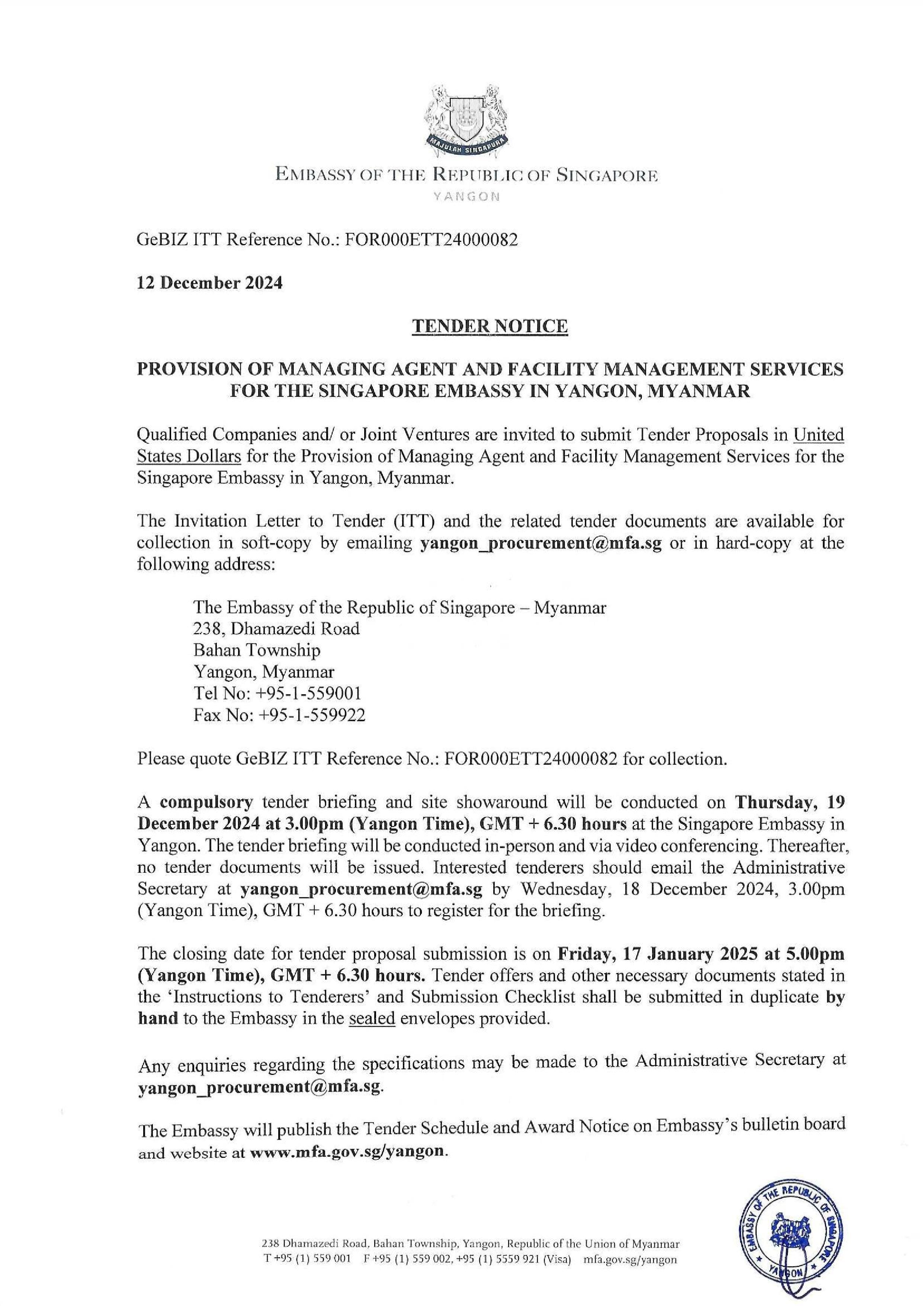 Singapore Embassy tender notice for facility management, text on white paper, logos top/bottom.